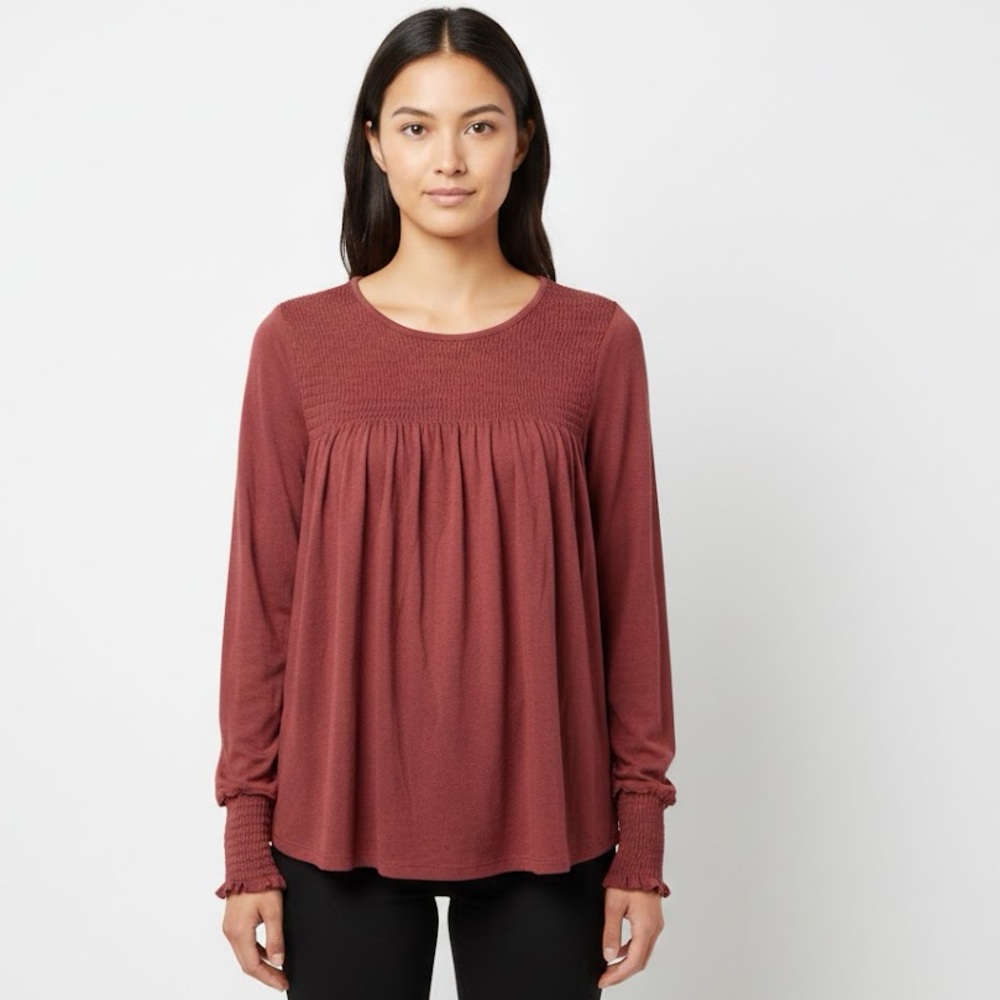Rewind Maroon Smocked Long Sleeve Blouse